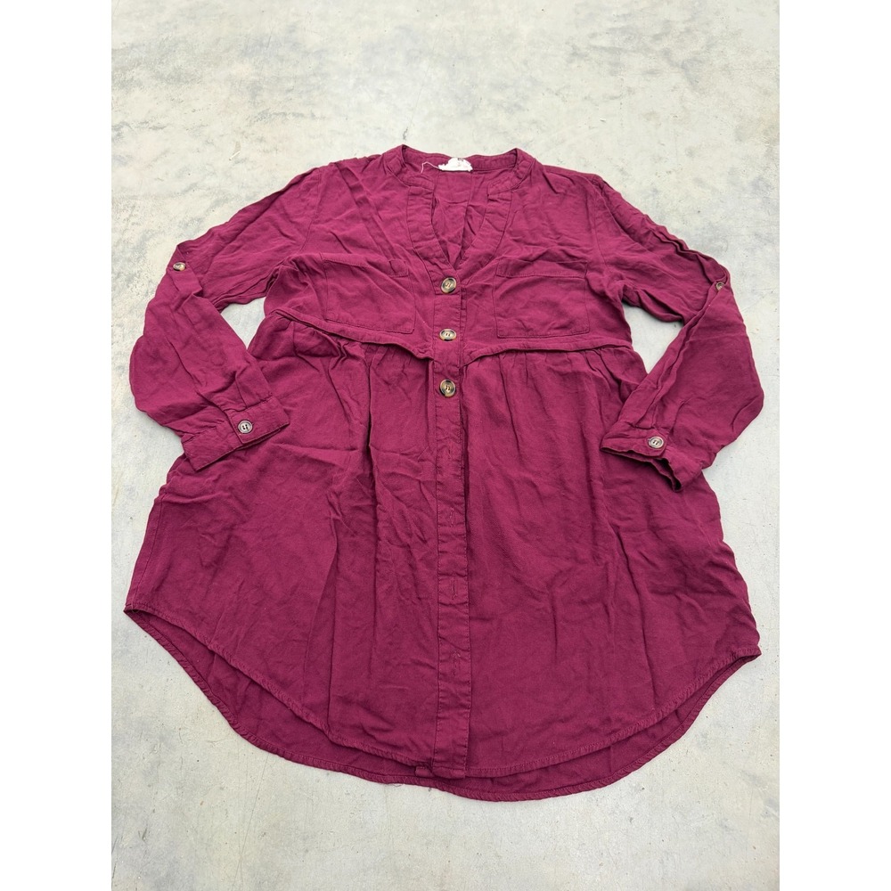 Entro Tunic Top Womens L Burgundy Roll Tab Long Sleeve Button-Up V-Neck Everyday